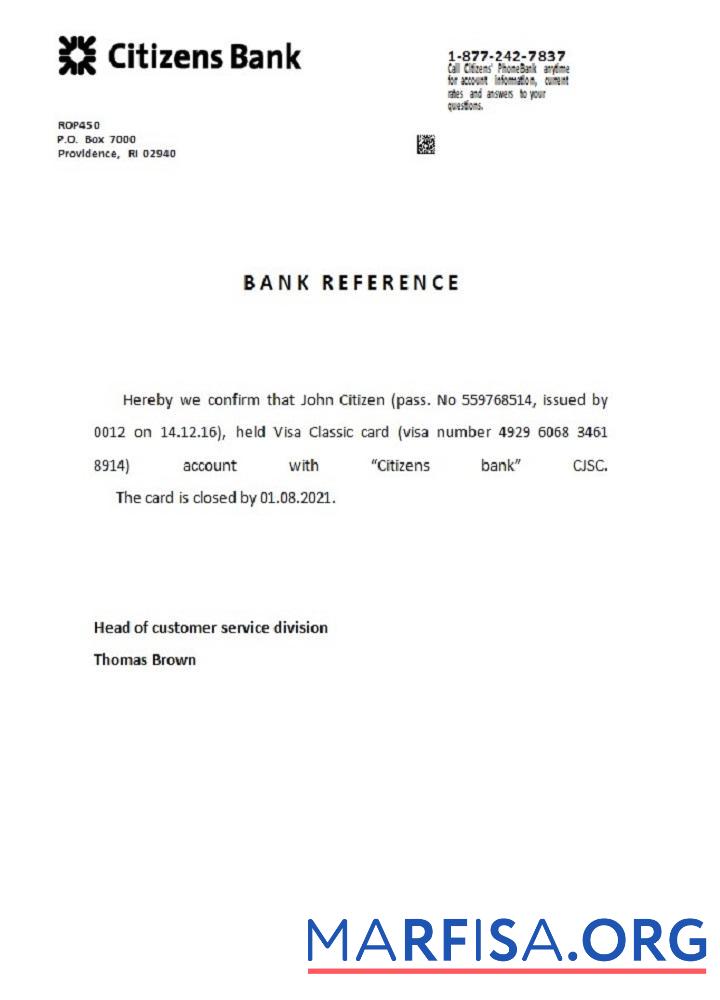 Blank USA Citizens Bank closure reference template